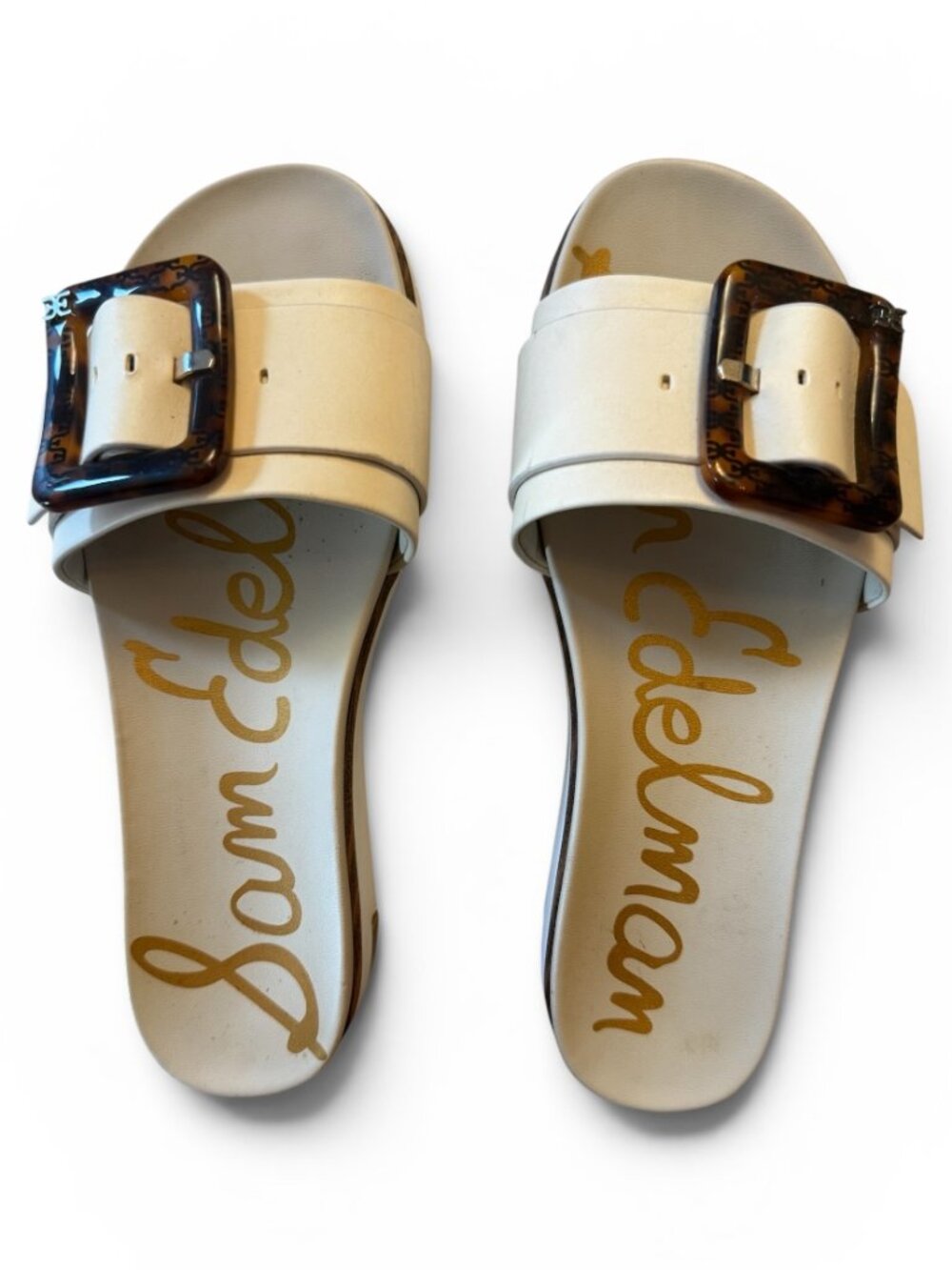 Sam Edelman Off White Leather Slip On Sandal With Tortoise Shell Buckle 6.5